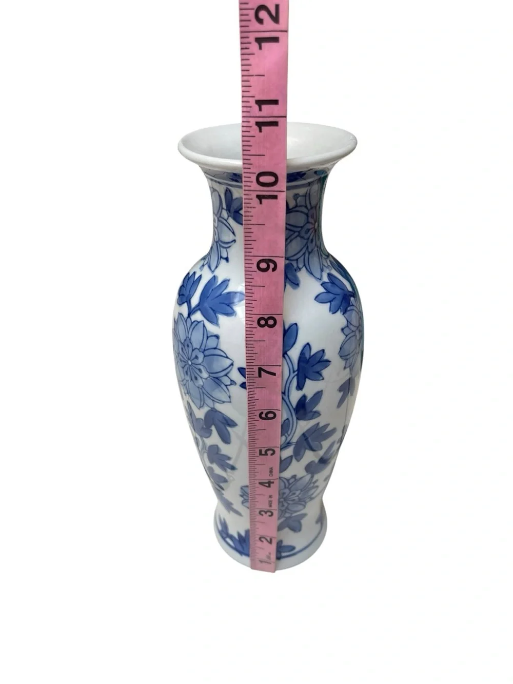 Vintage Blue White Porcelain Floral Vase Chinoiserie Bud Vase 10.5” Decor